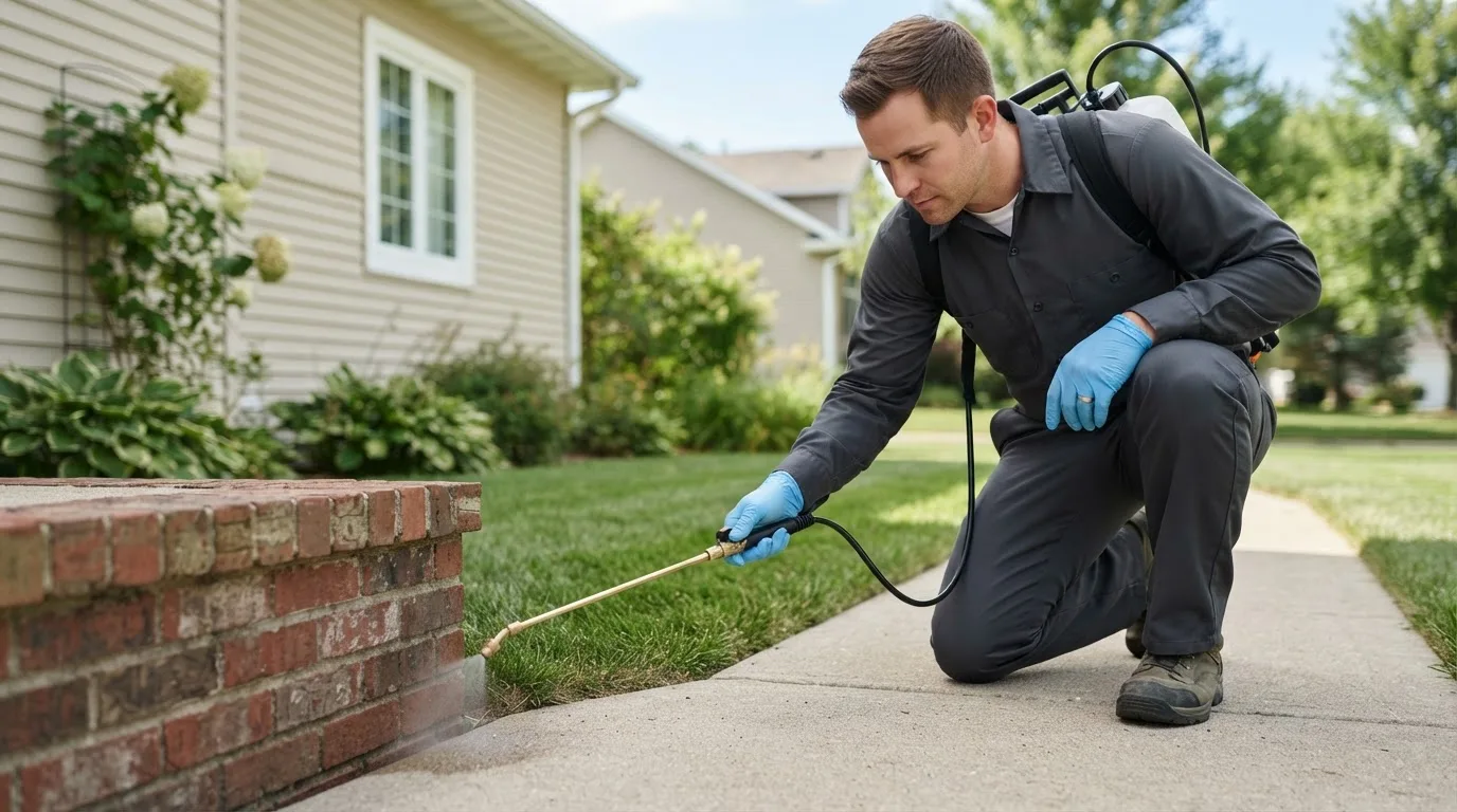 Pest control technician treating a home near Milam, TX